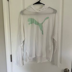 Puma White Long Sleeve Shirt with Hood and Sea-foam Green Puma Logo Size Medium